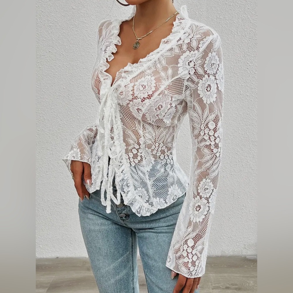Passion Sexy Low Cut Long Sleeve Lace Solid Color Blouse - Picture 2 of 6